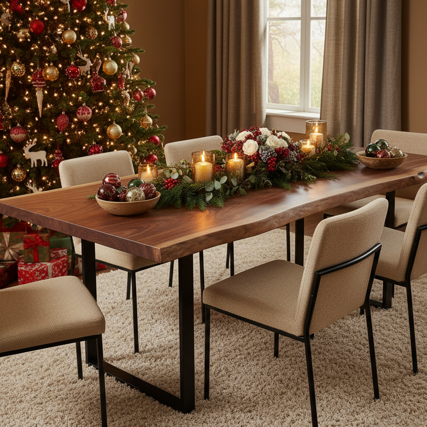 Modern Live Edge Solid Wood Dining Table and Chairs Set with Festive Holiday Decoration, and Christmas Tree with lighting glowing